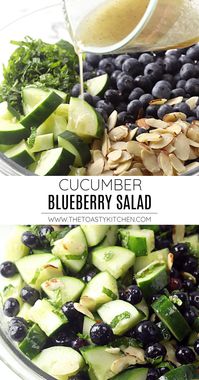 Cucumber Blueberry Salad recipe by The Toasty Kitchen Cucumber blueberry salad is a refreshing summer side dish that's filled with fresh seasonal ingredients. Cucumber, blueberries, almonds, and fresh mint are tossed in a homemade lemon-honey vinaigrette dressing. #salad #summer #spring #blueberry #cucumber #almonds #lemonvinaigrette #cucumbersalad #blueberrysalad #cucumberblueberrysalad #sidedish #picnicsidedish #freshsalad #fresh #lightsalad #recipe