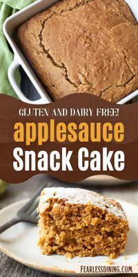 This soft and fluffy gluten-free applesauce cake recipe is a winner. Every bite is full of sweet cinnamon apple flavors. If you want an easy gluten free snack cake recipe, this is the cake to make. Top with powdered sugar or buttercream frosting!