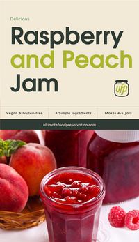 Try this easy raspberry and peach jam recipe that is made even easier using the hot jars method. With only 4 simple ingredients, this gluten-free and vegan jam recipe will be a breakfast staple that will surely sweeten your day. | More jam and jelly recipes at ultimatefoodpreservation.com #jamrecipes #homemadejam #howtomakejam #canningjam #veganrecipes