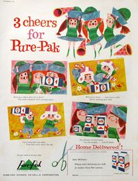 Vintage 1960 Pure-Pak Ad Print 3 cheers for Pure-Pak!  Retro cheerleaders give a shout out to their favorite milk carton.   Published in September, 1960, this vintage Pure-Pak advertising page measures 10x13".  It's beautifully illustrated with bright, fun cartoon-style characters by Harry Diamond.  A light golden sheen ads a lovely warmth to the paper's surface.  It's very fun.  You can see print from the other side, but it's easy to mask with black paper as I did for the photos here.   This fu