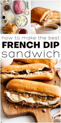 This easy French Dip Sandwich is made with perfectly cooked, melt-in-your-mouth chuck roast served on crusty bread with melty cheese and cooked onions. Dipped in leftover cooking gravy (au jus), it's a simple, comforting classic loaded with amazing flavor!