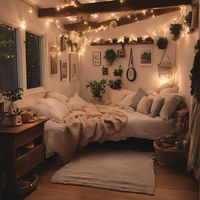 #bedroominspiration / #bedroom / #bedroomideas / #homedecor / #bedroomaesthetic / #smallroom / #bedroominspo / #beige / #cream / #bohobedroom / #canva / #cozybedroom / #christmas / #christmasdecor / #stringlights / #cozy / @allthingsinteriordesign