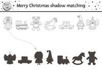 Christmas black and white shadow matching activity for children. Winter coloring page with cute toys. Educational game for kids with doll and teddy bear. Find correct silhouette printable worksheet.