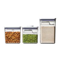 Need help managing kitchen chaos? Oxo designed this three-piece container set to keep pantry staples fresh and organized. These stackable, space-efficient food storage containers provide endless possibilities for storing everyday must-haves like coffee, sugar, cereal and spices. The containers have a patented push-button that creates an airtight seal with just one touch. With curved corners for smooth dispensing and sturdy, BPA-free construction, pop containers take tidying to the next level. And they aren’t just for kitchens - use them any place you want more organization. For best results, always use the button to open and close.  Product Features:  * Airtight seal keeps dry foods fresh * Containers are stackable and space-efficient * Silicone gasket and container are dishwasher safe * H