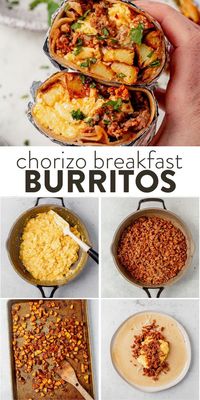 Bite-sized crispy potatoes, fluffy eggs, melty Mexican cheese, and spicy chorizo sausage make the best chorizo breakfast burrito! Wrap them in a soft flour tortilla and finish them fresh herbs. This spicy chorizo breakfast burrito is the best breakfast burrito you've ever had.