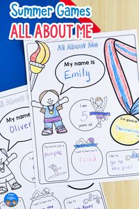 Celebrate the Olympics with these free printable All About Me worksheets for preschool and kindergarten. Fill in children's age, favorite color, interests, and goals as you get to know your students.