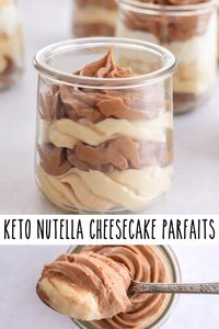 This layered Low Carb Nutella Cheesecake Parfait is the ultimate sweet treat you have been needing. Every luscious bite is filled with a chocolate hazelnut cheesecake layer and a white chocolate hazelnut cheesecake. This easy keto dessert is low carb, grain-free, and gluten-free too. 