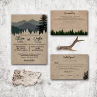 Woodland Forest kraft wedding invitations.... perfect for your rustic wedding! ➧HOW IT WORKS Purchase listing Send the following info to socialstationery@outlook.com (or in an etsy message) ➧Names of Bride and Groom ➧Ceremony Date & time ➧Venue and address ➧Reception info ➧RSVP date ➧Return address (for RSVP postcard) ➧Font changes (if any) ➧Invitation wording changes ➧RSVP wording changes PLEASE BE COMPLETE WITH THIS INFO. PROOFS WILL BE DELAYED IF ALL THE INFO IS NOT GIVEN. PROOFS WILL BE SENT