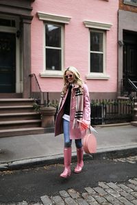 Coat: J.Crew (last seen here). Boots: Hunter (I talk about all my favorite rain looks and buys here). Sunglasses: Illesteva (also love these pink shades). Scarf: Burberry (also seen in one of my favor