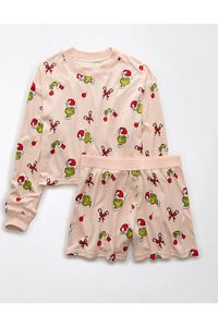 Allover Grinch print/Long-sleeve shirt + elastic shorts