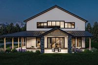 This barndominium-style house plan gives you 3476 square feet of heated living and 2016 square feet of garage space. A 9'-deep porch wraps around two sides and has a deeper vaulted portion on the side which serves as an outdoor living room. A seamless open concept space greets you as you enter the home with a spacious home office to your left giving you a great work from home space. The heart of the home lies in the open kitchen, dining, and great room, reaching two stories in height, creating a