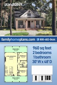 Plan 80849 | Small Country Cabin or Lake House Plan with 960 Sq Ft, 2 Beds and 1 Bath