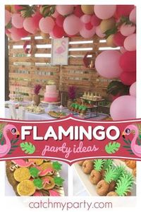 Take a look at this tropical flamingo birthday party! the balloon garland is gorgeous!! See more party ideas and share yours at CatchMyParty.com #catchmyparty #partyideas #flamingo #flamingoparty #girlbirthdayparty #summerparty