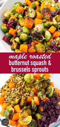 Maple Roasted Butternut Squash and Brussels Sprouts! This easy side dish is great for holidays. No dressing needed for these brussels sprouts and butternut squash. They are that flavorful!