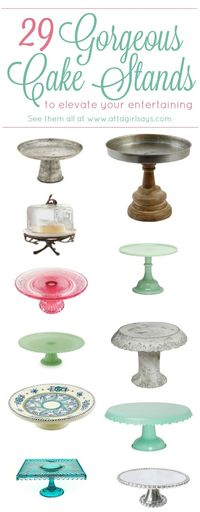 If you like to throw parties, you need a few cake stands in your china cabinet. They're a great way to add height to your buffet or serving table, and you can also use them for decorating. This is a great collection of glass cake stands, ceramic cake stands, wooden cake stands, galvanized cake stands and more to fit any budget.