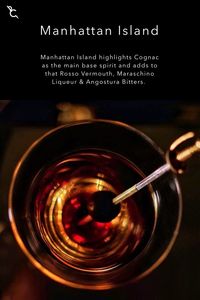 As you will probably assume, this is a nice twist on the classic Manhattan. The Manhattan Island highlights Cognac as the main base spirit and adds to that Rosso Vermouth, Maraschino Liqueur & Angostura Bitters.