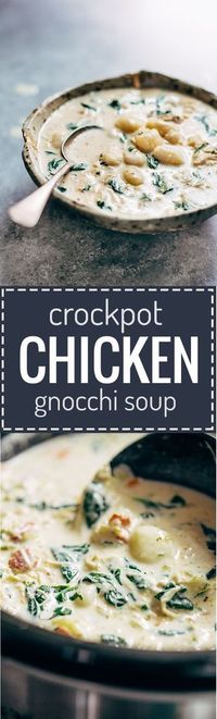 Crockpot Chicken Gnocchi Soup - a simple, velvety, back-to-basics meal! Easy to make with familiar ingredients - chicken, garlic, spinach, carrots, evaporated milk, and bacon. | pinchofyum.com