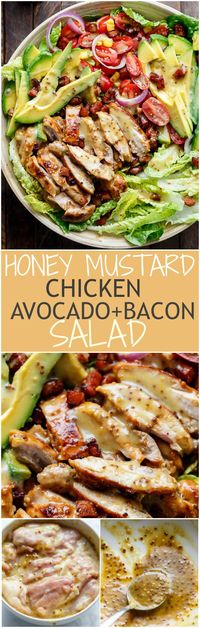 Honey Mustard Chicken, Avocado + Bacon Salad, with a crazy good Honey Mustard dressing withOUT mayonnaise or yogurt! And only 5 ingredients! | http://cafedelites.com