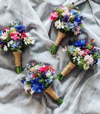 Rustic wildflower bouquets of high quality natural looking wildlowers: cornflowers, daisies, bluebells, lavander, delphinium and rosemary. The Bridal bouquet's mesurments: High Aprox. 27 cm; Across approx. 30 cm Mini Bridesmaids bouquet's mesurments: High aprox. 26 cm; Across approx. 26-27 cm Please ask for package deals. MADE TO ORDER Discover a plethora of stunning flowers and accessories made by me, that you can keep for a lifetime. I can design and create any style and any colour scheme wedd