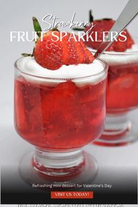 How cute are these Super easy-to-make Fruit Sparkles Strawberry JELL-O Mini Desserts? All you need is one of the small packages of JELL-O, sparkling water, whipped cream, and strawberries. They look so pretty in these six-ounce mini cordial glasses and would make an easy Valentine’s Day dessert! #strawberrydessert #minidesserts