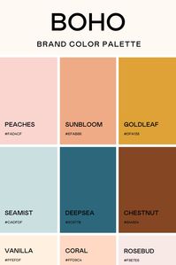 This palette is great for a soft and comfy boho vibe. Includes color pairing guide, contrast scores, color names, and hex codes.