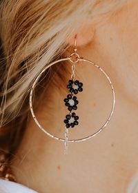 Triple Flower Drop Circle Frame Earrings - Black – Adorabelles