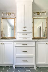 Custom cabinetry | Double sinks | Master Bath | White | Gray | Copper @ashmorebuildersinc