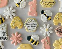 First birthday bee theme cookies. Vanilla sugar cookies with royal icing. Decorated sugar cookies for a first bee day themed first birthday party.