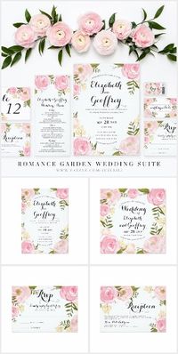 Romance Garden Wedding Suite - Romance Garden Wedding Stationery Suite | Elegant light pink wedding invitation with hand drawn pink roses, pink flowers, pink peonies, purple peonies, beige flowers, dark green leaves and twigs in watercolor hand painted style. Sophisticated handwritten font style, with classic chic typography.