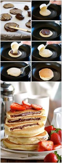 Nutella Stuffed Pancakes - I’d give the whole world to know how they spread the Nutella so perfectly on that circle of batter when they were at risk of getting burned