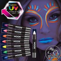 Available in 8 UV black light reactive color variations. Moon Creations Body Crayons are perfect for children and adults alike, the easy mess free application (no water needed!) makes them perfect for beginners and pros alike. The fine tip allows you to create perfect outlines and produce even the most intricate design