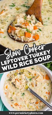 Use up your leftover Thanksgiving turkey in this creamy wild rice soup recipe, all done in the slow cooker as a dump-and-set recipe. It's easy to make, super flavorful, and the kind of cozy, nutritious, and light meal you need after the holidays!