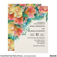 Pastel Pink Teal Yellow Floral Wedding Invitation #weddinginvitation #pink #teal #yellow #floral #flowers #ivory