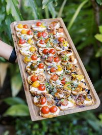 Cherry Tomato Bruschetta Wedding Tray Pass Appetizers. Wedding cocktail hour food ideas. Cavin Elizabeth Photography.