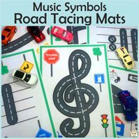 Are you looking for fun activities to practice musical notation symbols with your young musicians? Just print, laminate, add some cars, and your kids are ready for some music symbols road mat fun! These music road tracing mats will help your students learn the various musical symbols, all basic types of musical notes, rest values, and dynamic symbols. Students can trace the symbols with toy cars, markers, and playdoh. #AMS #MusicSymbols #MusicNotes #Musiceducation