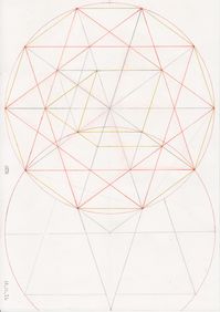 2 circles diameter 20 Long axe vesica piscis=RadiusXSqr.3=Sqr.300 Side decagon=10/Phi=6.180339887. Orange lines are 10 X Phi. Black lines are 10. Is R.c.c. of inscribe pentagon. R.i.c.p=R.c.c.p/Sqr.5-1 I Rad./5=36 degrees