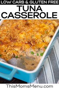 This low carb take on the classic Tuna Casserole from your childhood is so tasty you won't even miss the pasta.  Tuna, peas, and cauliflower smothered in a cheesy sauce baked to perfection with a crispy topping is the comfort food we all need!