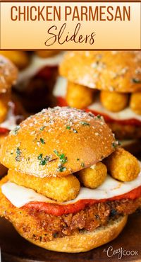 These Chicken Parmesand Sliders are a fun dinner idea or party food! Made with fresh chicken and delicious homemade breading. They're topped with marinara sauce, crunchy mozzarella sticks, and are baked in the oven.