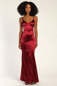 Romance is in the air when you waltz in wearing the Lulus A Lot Like Love Burgundy Satin Lace-Up Mermaid Maxi Dress! Sleek satin shapes a flattering V-neckline, a darted bodice, and spaghetti straps that flow into an intricate lace-up back. High, fitted waist falls to a figure-skimming mermaid silhouette that ends at a maxi hem. A twisted knot detail at the back creates an extra sexy finish! Fabric: Fabric is very stretchy. Fully lined. Shell: 92% Polyester, 8% Spandex. Lining: 100% Polyester. H