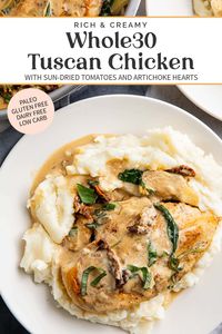 This healthy creamy Whole30 Tuscan chicken with artichokes is such an amazing Italian dinner recipe, and it's good for you, too! Whole30 and paleo, it's dairy-free but still super creamy, loaded with spinach, sun-dried tomatoes, and artichoke hearts. It's a quick and easy skillet dinner, perfect for a weeknight. One of our favorite paleo recipes.