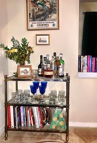 This shelf-style bar cart is multi-purpose, serving as both display for my better barware and storage for my growing cook book collection.