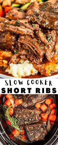 These SLOW COOKER SHORT RIBS are an easy comfort food dinner. Fall apart tender short ribs cooked right in your crockpot.