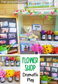 This flower shop dramatic play center is fun for kids who love pretend play! It's great for kids in Pre-K, Preschool and Kindergarten. #flowershop #dramaticplay #pretendplay #florist #dramaticplaycenter #pretendplaycenter #prek #preschool #kindergarten #springactivities #springtheme