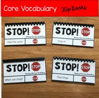 These Core Vocabulary Flip Books provide students with many practice opportunities to work with the core word, "stop." Use them in an independent workstation, at a literacy center or as a small group activity.  Students can indicate their answers by clipping them with a paper clip or clothespin, circling them with a dry erase marker, or by simply pointing at their answers.  There are 4 Core Vocabulary Flip Books included in this set that give students the opportunity to both identify the symbol