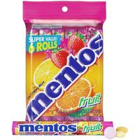 Make fresh connections with Mentos Fruit Chewy Mints! multi-pack of 6 Mentos Fruit Chewy Mint candy rolls, a total of 84 pieces.  Mentos Fruit candy rolls offer fruity freshness in a fun, flavorful chew. This gluten-free treat will sweeten and freshen up your day. Assorted mixed fruit flavors include strawberry, orange and lemon. This colorful fruity mint candy is perfect for the office, baby shower favors, wedding candy and other events.