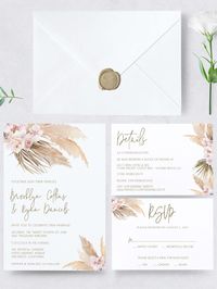 Pampas Grass Wedding Invitations - Perfect for a Pampas Grass Decor wedding ceremony. Edit and print these templates today! Bohemian Boho wedding Ideas.