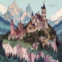 A character. Similarly shaped castles, such as Neuschwanstein Castle. A fairytale-style castle that stands on a cliff. A medieval village is built around the castle, and there is a huge lake next to the castle. The mountain range in the distance looks like the Alps. -