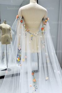 Unqiue alternative floral embroidered veil cape