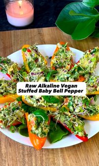 Raw Stuffed Baby Bell PeppersIngredients:Baby bell peppers or regular bell peppers🌱Stuffing:1 large ripe avocadoSmall bunch corianderSmall bunch fresh dill1/2 red onion1/2 chopped bell pepperSea salt, cayenne pepper for taste2 Tbsp Sauce🌱Sauce ingredients1/2 cup Brazil nuts1/2 cup water1/2 tsp sea salt1/4 tsp cayenne p