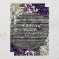 Deep Purple Roses Grey Rustic Wood Lace Wedding Invitation